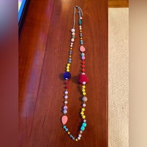 Boho Beaded Necklace with Pom Pom Accents